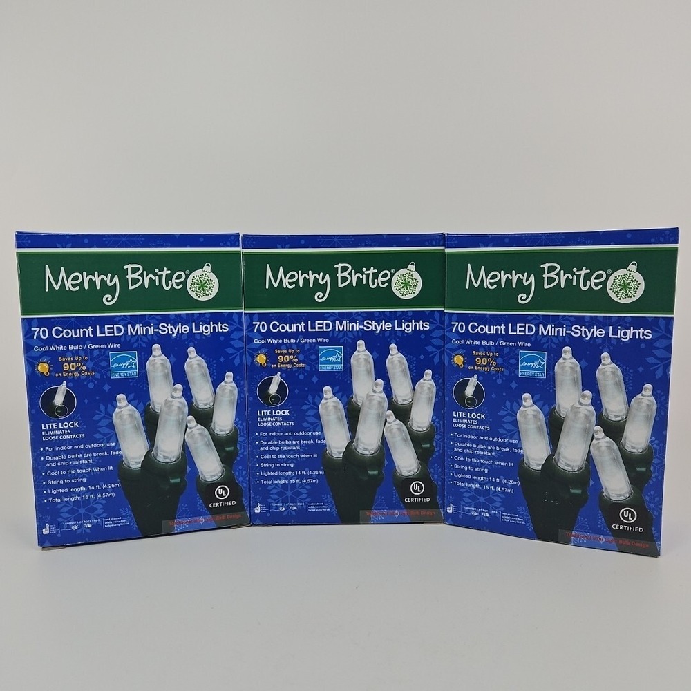 Lot of 3 70 Count LED Mini Lights Cool White Green Wire Indoor/Outdoor 15ft New